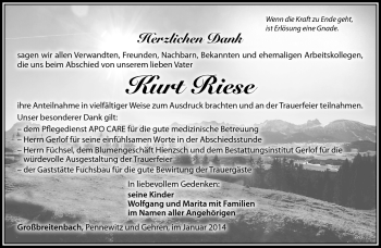 Traueranzeige von Kurt Riese von Südthüringer Presse