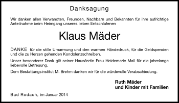 Traueranzeige von Klaus Mäder von Neue Presse Coburg