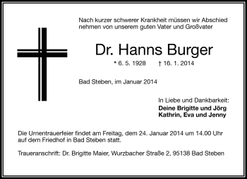 Traueranzeige von Hanns Burger von Frankenpost