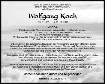 Traueranzeige von Wolfgang Koch von Südthüringer Presse