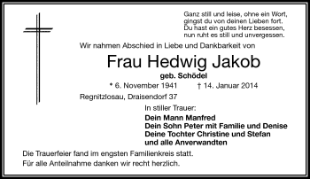 Traueranzeige von Hedwig Jakob von Frankenpost