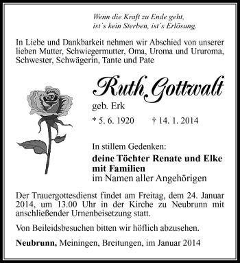 Traueranzeige von Ruth Gottwalt von Südthüringer Presse