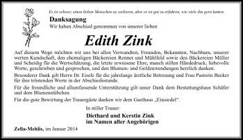 Traueranzeige von Edith Zink von Südthüringer Presse