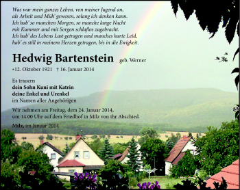 Traueranzeige von Hedwig Bartenstein von Südthüringer Presse