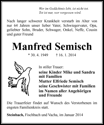 Traueranzeige von Manfred Semisch von Südthüringer Presse