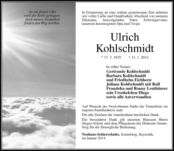 Traueranzeige von Ulrich Kohlschmidt von Südthüringer Presse