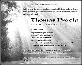 Traueranzeige von Thomas Pracht von Südthüringer Presse