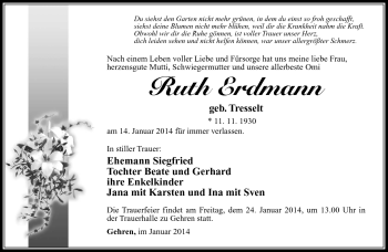 Traueranzeige von Ruth Erdmann von Südthüringer Presse
