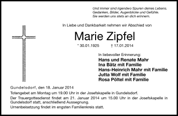 Traueranzeige von Marie Zipfel von Neue Presse Coburg