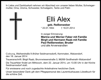 Traueranzeige von Elli Alex von Neue Presse Coburg