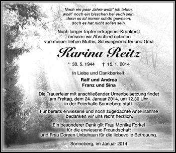 Traueranzeige von Karina Reitz von Südthüringer Presse