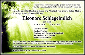 Traueranzeige von Eleonore Schlegelmilch von Südthüringer Presse
