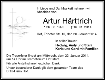 Traueranzeige von Artur Härttrich von Frankenpost