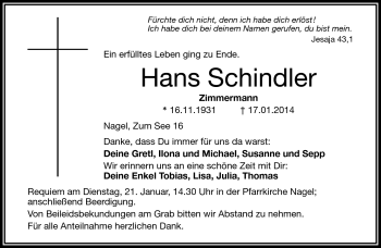 Traueranzeige von Hans Schindler von Frankenpost