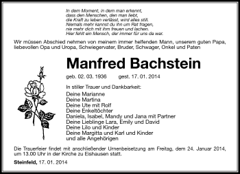 Traueranzeige von Manfred Bachstein von Südthüringer Presse