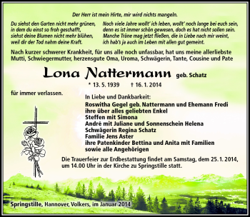 Traueranzeige von Lona Nattermann von Südthüringer Presse