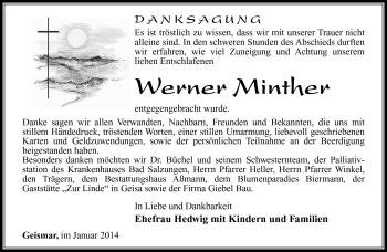 Traueranzeige von Werner Minther von Südthüringer Presse