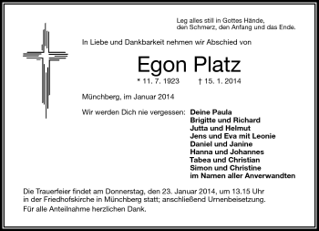Traueranzeige von Egon Platz von Frankenpost