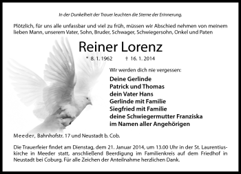 Traueranzeige von Reiner Lorenz von Neue Presse Coburg