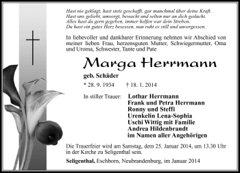 Traueranzeige von Marga Herrmann von Südthüringer Presse
