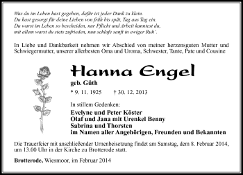 Traueranzeige von Hanna Engel von Südthüringer Presse
