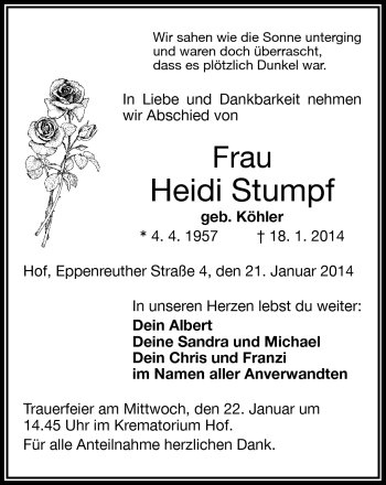 Traueranzeige von Heidi Stumpf von Frankenpost