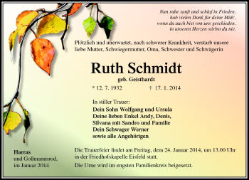 Traueranzeige von Ruth Schmidt von Südthüringer Presse