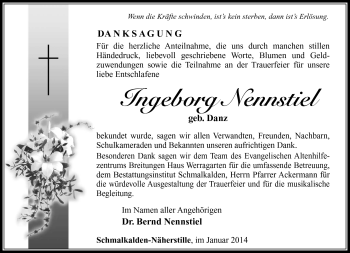 Traueranzeige von Ingeborg Nennstiel von Südthüringer Presse