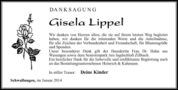 Traueranzeige von Gisela Lippel von Südthüringer Presse