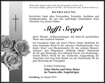 Traueranzeige von Steffi Seegel von Südthüringer Presse