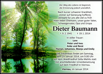 Traueranzeige von Dieter Baumann von Südthüringer Presse