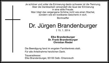 Traueranzeige von Jürgen Dr. Brandenburger von Frankenpost