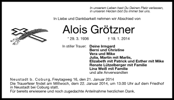 Traueranzeige von Alois Grötzner von Neue Presse Coburg