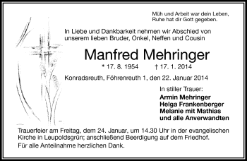 Traueranzeige von Manfred Mehringer von Frankenpost