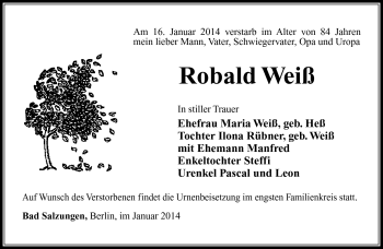 Traueranzeige von Robald Weiß von Südthüringer Presse