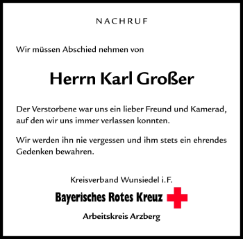Traueranzeige von Karl Großer von Frankenpost