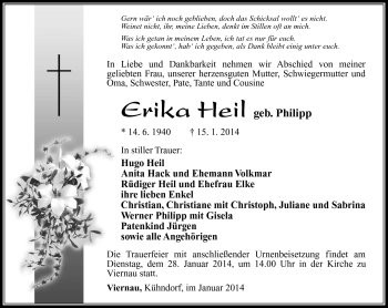 Traueranzeige von Erika Heil von Südthüringer Presse