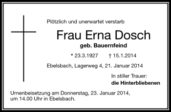 Traueranzeige von Erna Dosch von Frankenpost