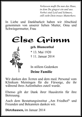 Traueranzeige von Else Grimm von Südthüringer Presse