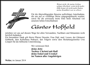 Traueranzeige von Günter Hoßfeld von Südthüringer Presse