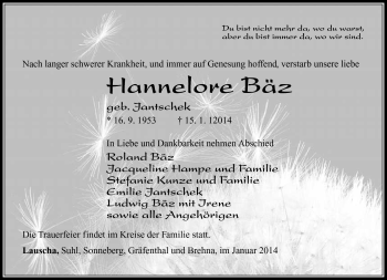 Traueranzeige von Hannelore Bäz von Südthüringer Presse