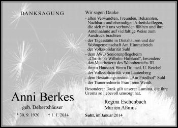 Traueranzeige von Anni Berkes von Südthüringer Presse