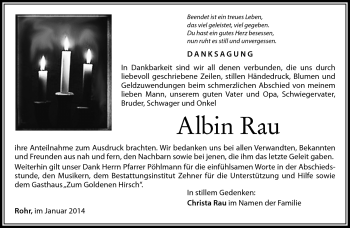 Traueranzeige von Albin Rau von Südthüringer Presse