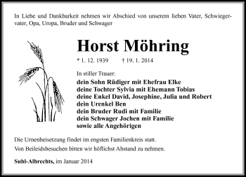 Traueranzeige von Horst Möhring von Südthüringer Presse