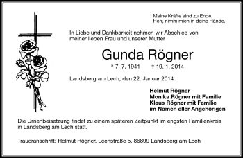 Traueranzeige von Gunda Rögner von Frankenpost