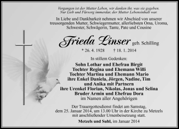 Traueranzeige von Frieda Linser von Südthüringer Presse