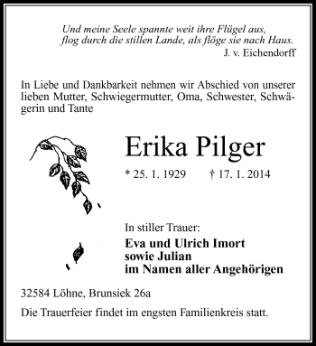 Traueranzeige von Erika Pilger von Südthüringer Presse