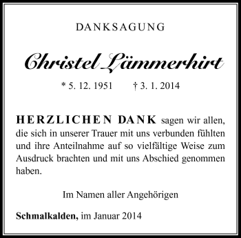 Traueranzeige von Christel Lämmerhirt von Südthüringer Presse