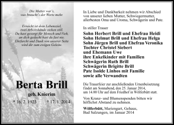 Traueranzeige von Berta Brill von Südthüringer Presse