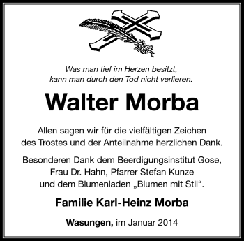 Traueranzeige von Walter Morba von Südthüringer Presse